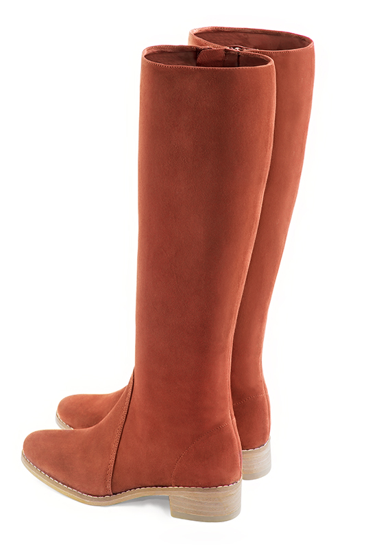 Terracotta orange women's riding knee-high boots. Round toe. Low leather soles. Made to measure. Rear view - Florence KOOIJMAN